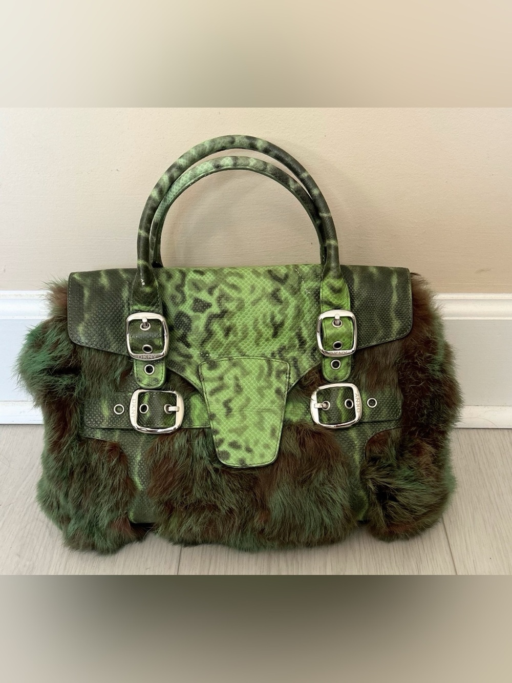DKNY Green Patterned Faux Fur Satchel